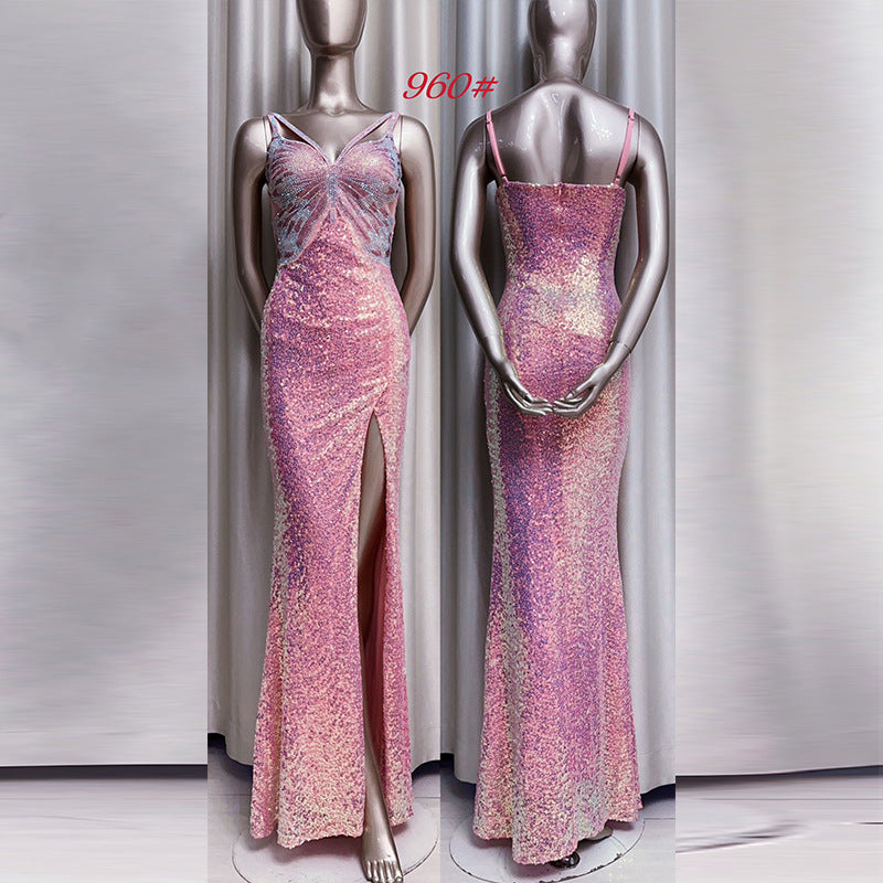 purple sequined evening dress by Aura Noor