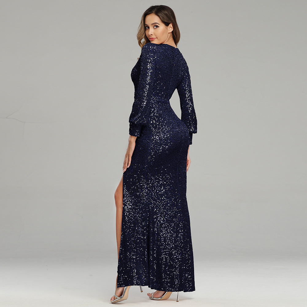 Fantasy Celebrity Sexy High Slit Long Sleeve Sequined Banquet Evening Dress Women Aura Noor