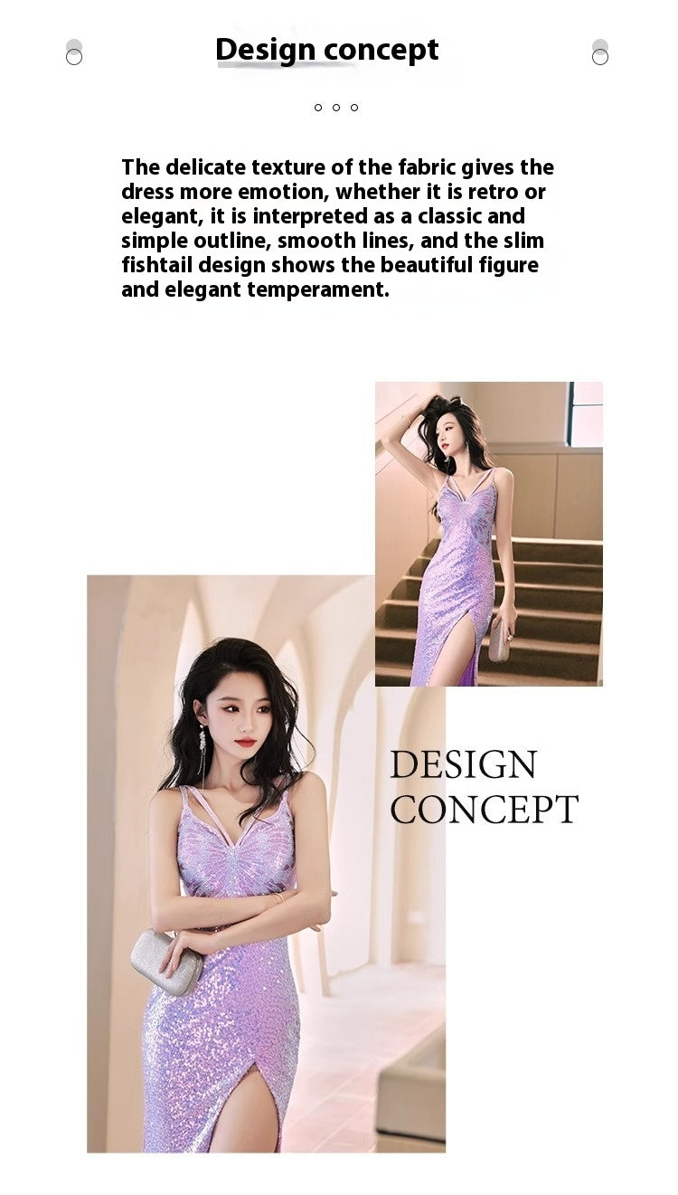 purple sequined evening dress by Aura Noor