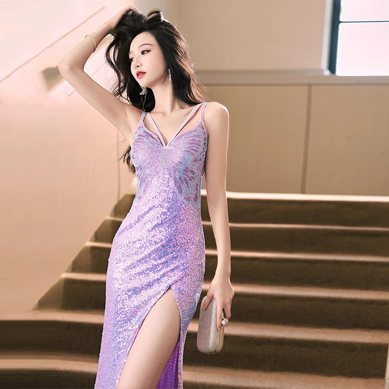 purple sequined evening dress by Aura Noor