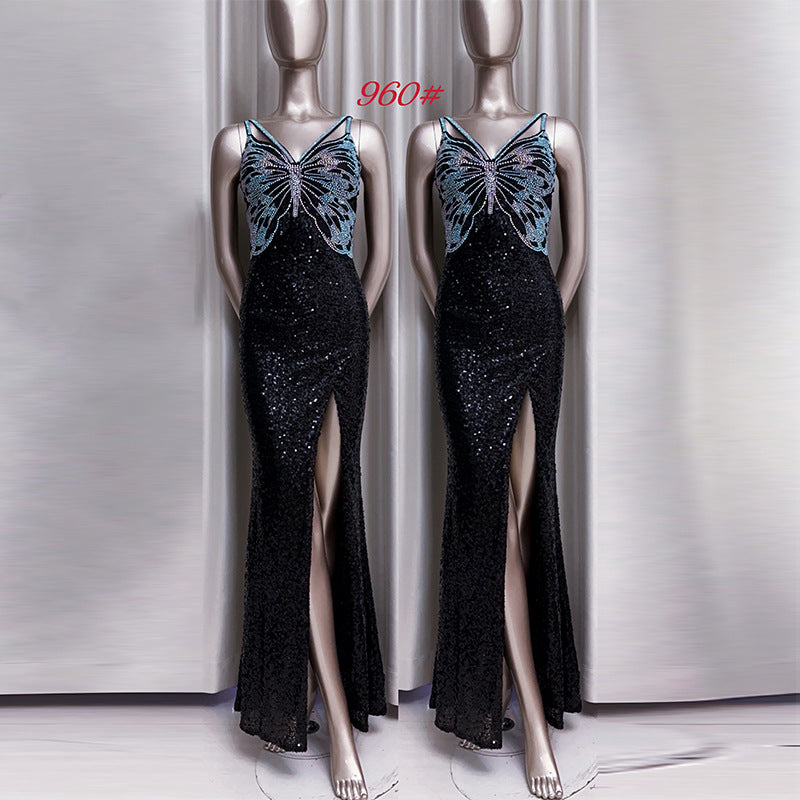 purple sequined evening dress by Aura Noor